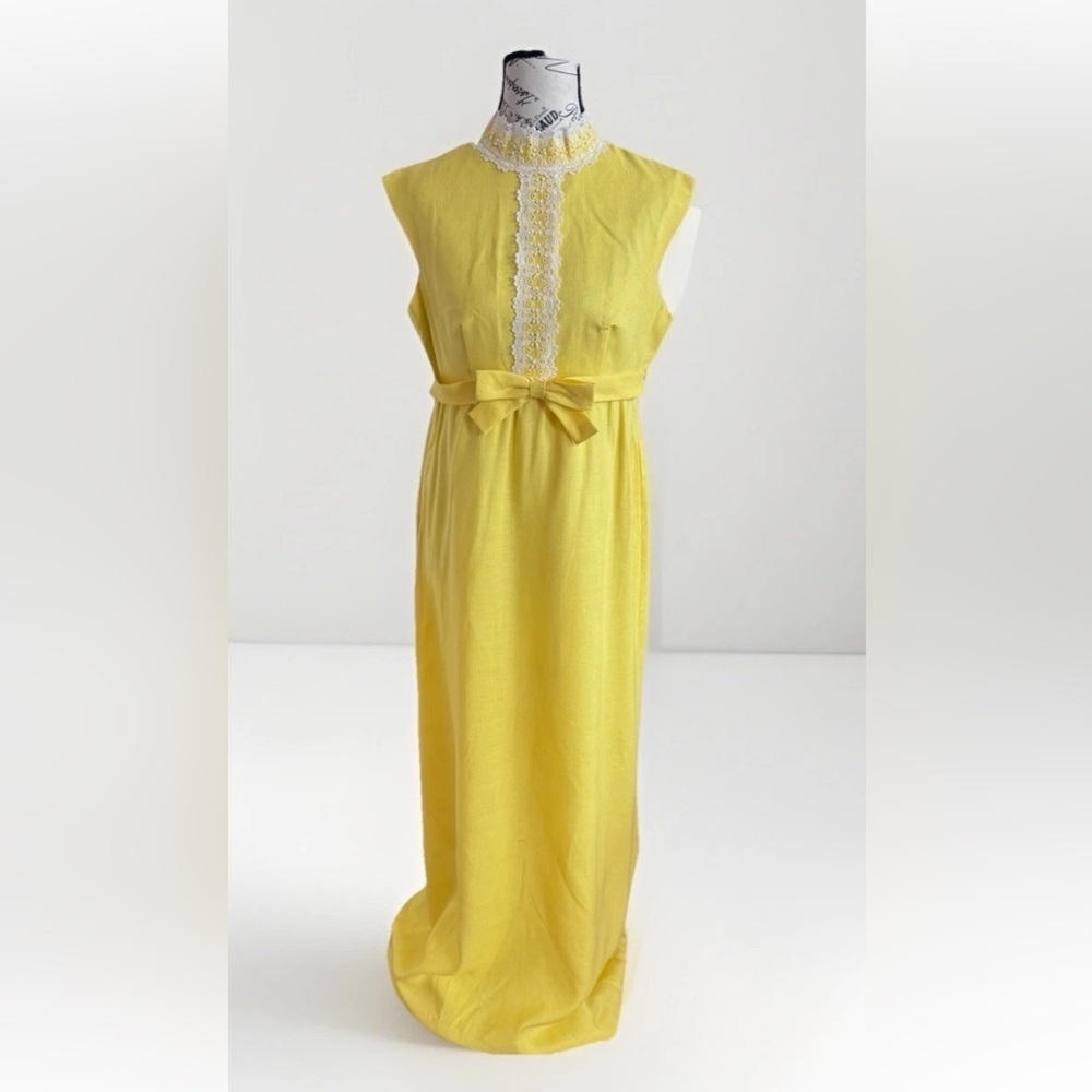 vintage 70s lorrie deb yellow bow lace maxi prairie cottage core dress ILGWU